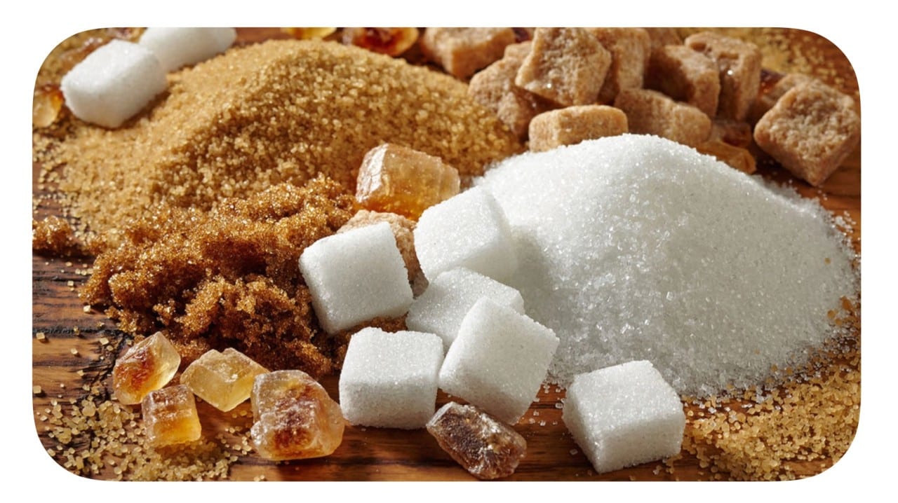White granulated sugar, cubes, demerara and dark brown sugar shown side by side across ICUMSA grades