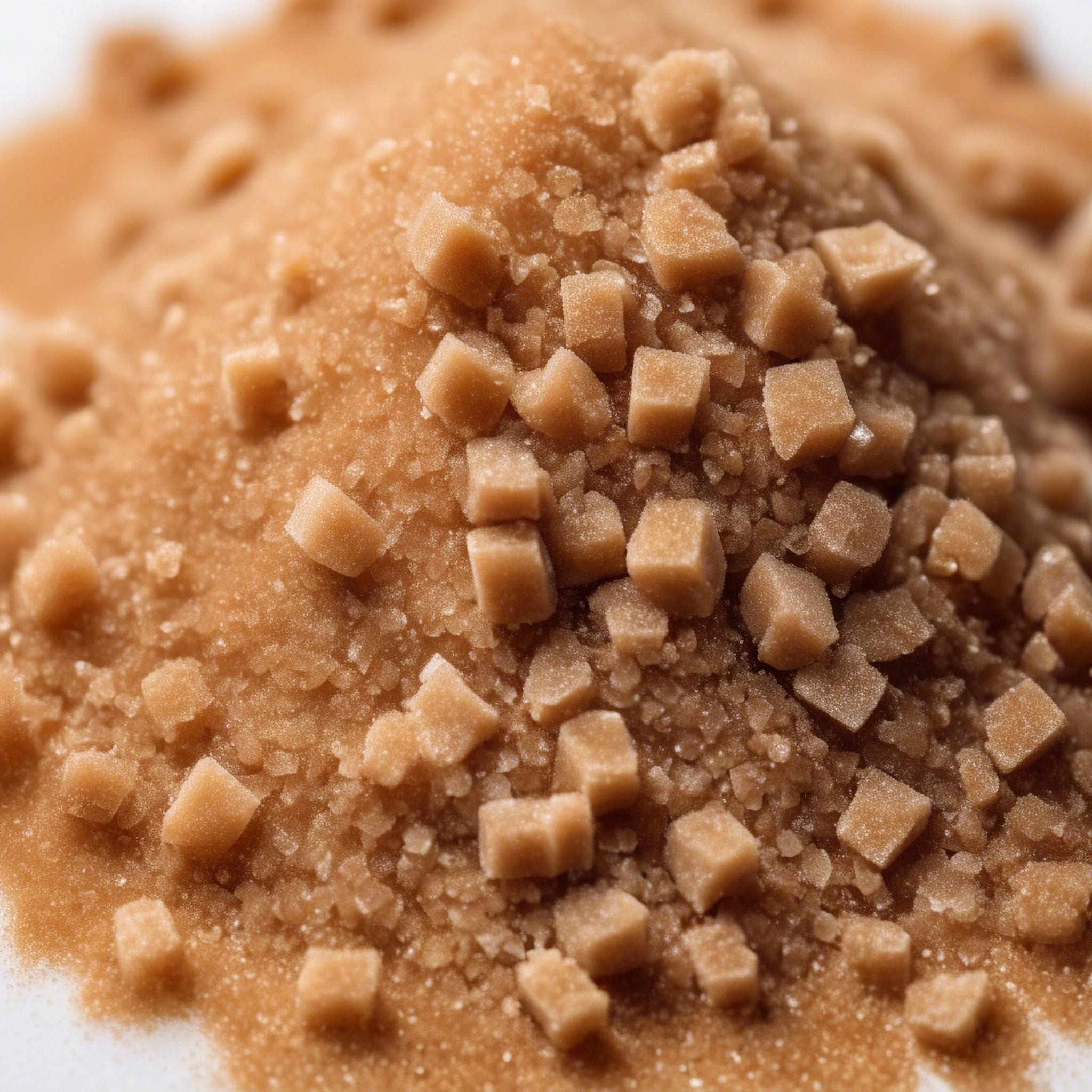 Close-up of light brown cane sugar cubes and loose crystals