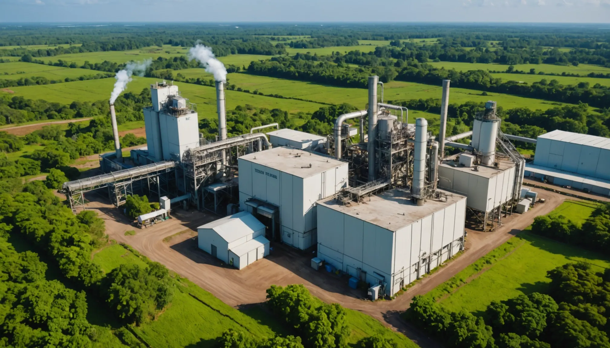 Aerial view of a sugar mill surrounded by sugarcane fields, steam rising from two stacks