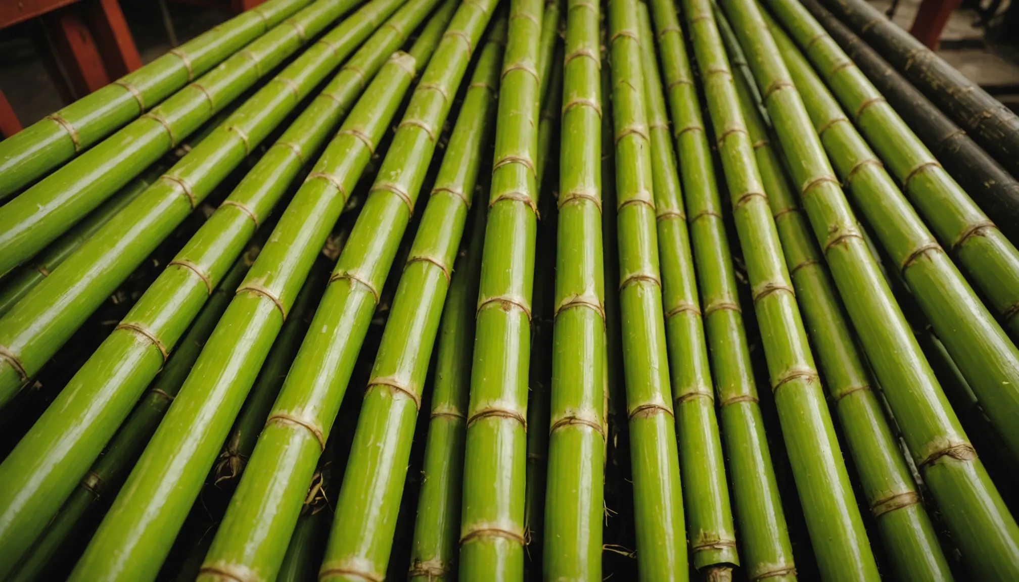 Freshly cut green sugarcane stalks stacked in parallel at a mill