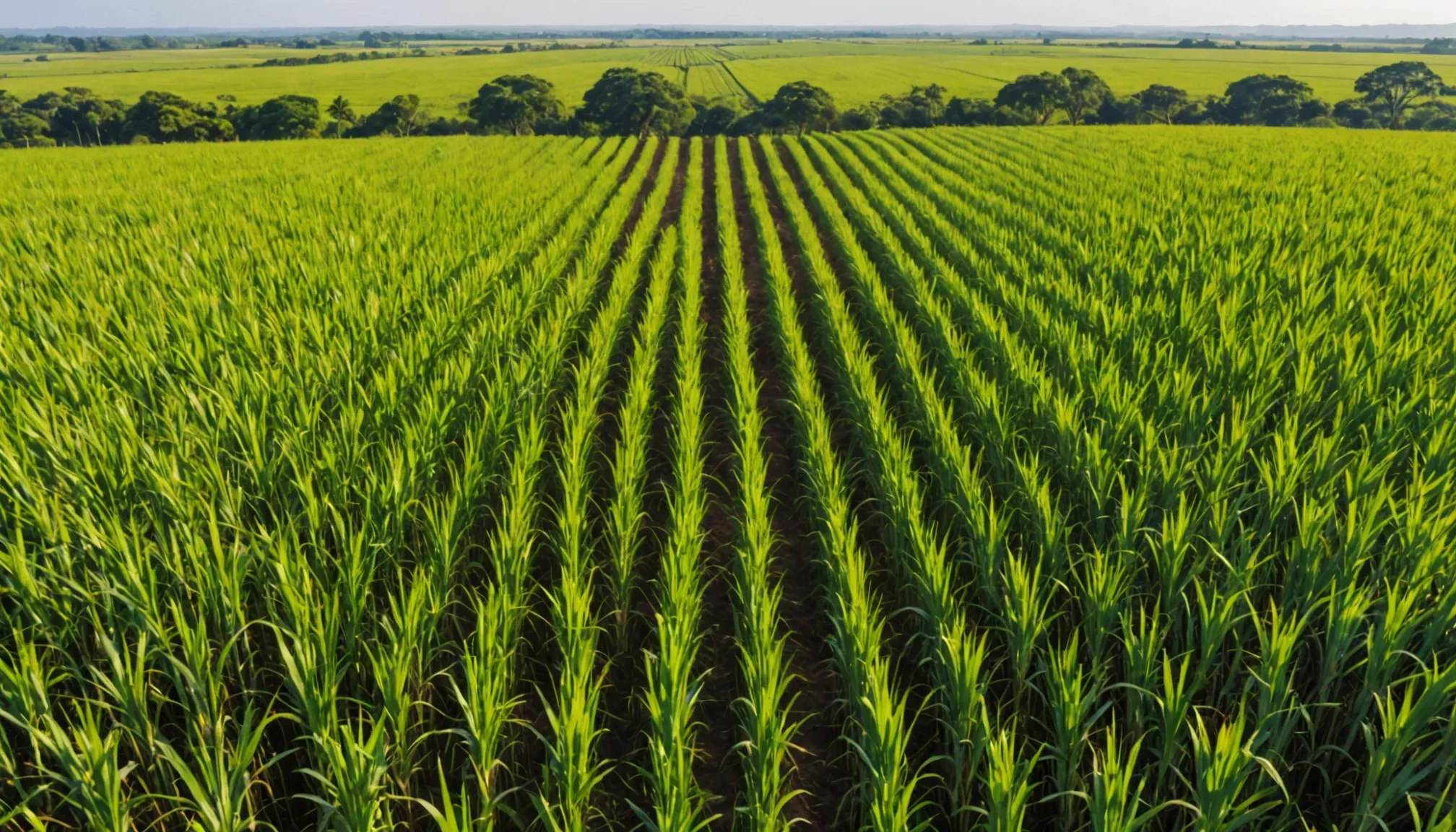 High-angle view of young sugarcane growing in converging rows on a Brazilian estate