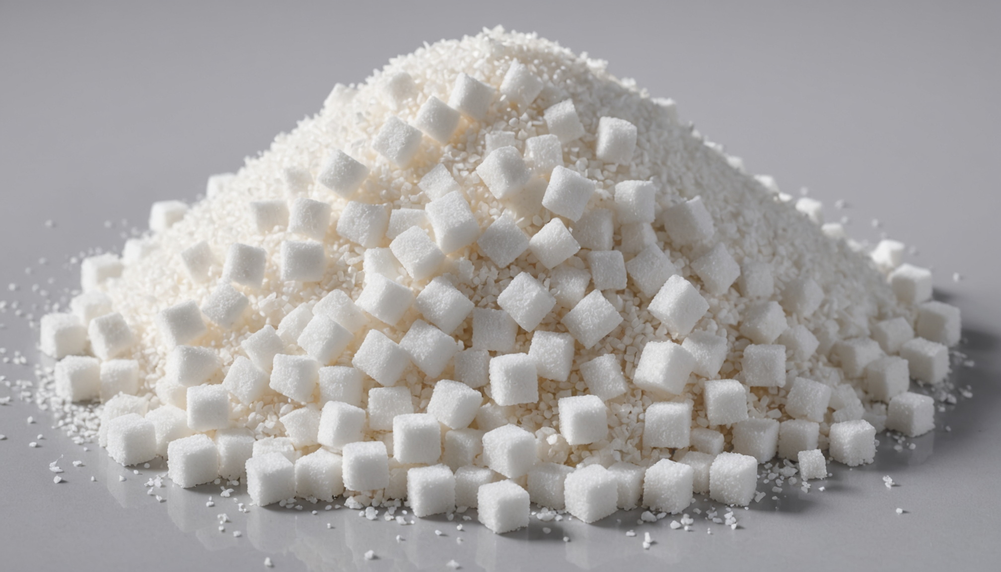 A heap of white sugar cubes and granulated refined sugar