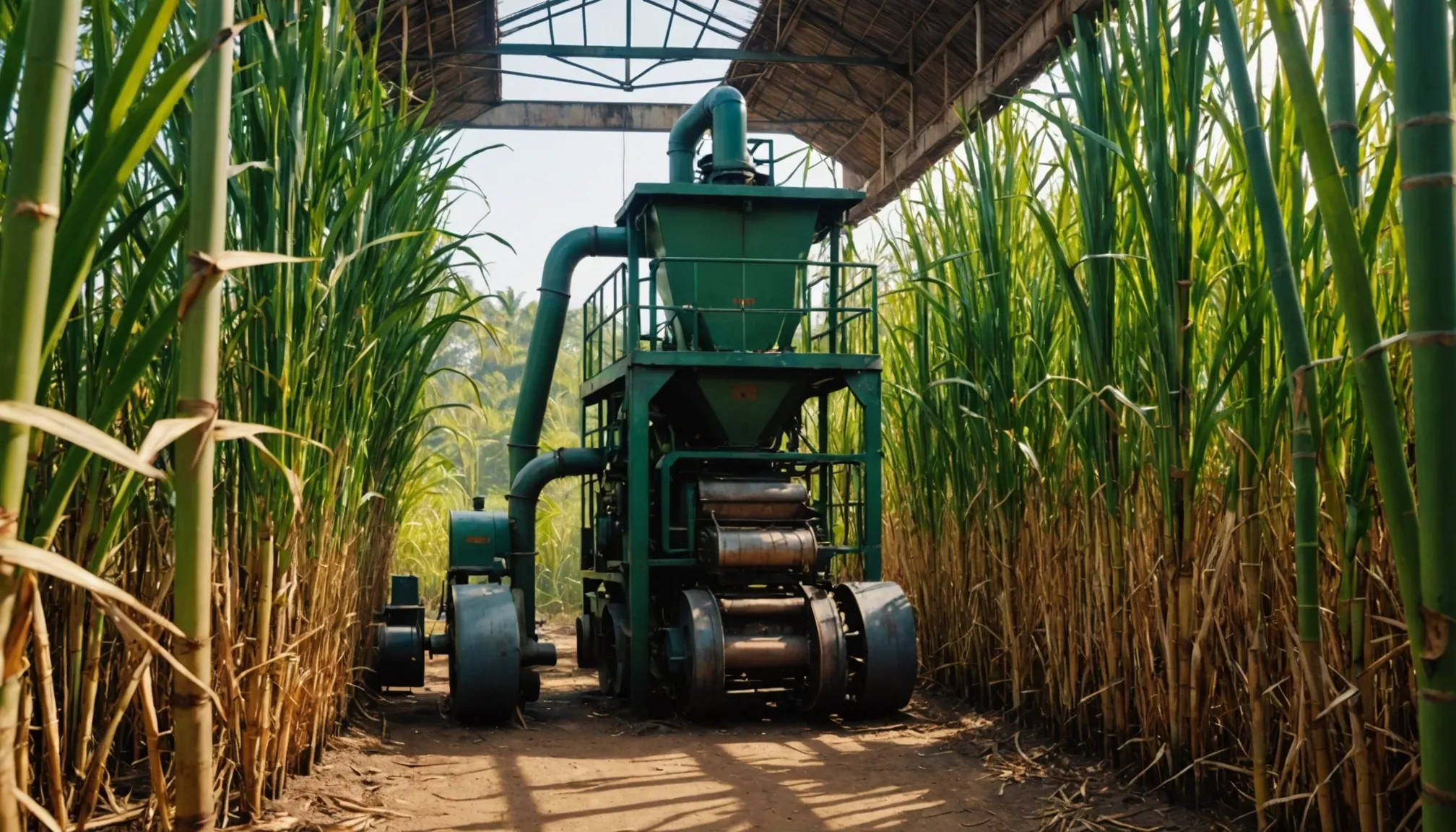 Sugarcane crushing mill operating beside a field of mature cane