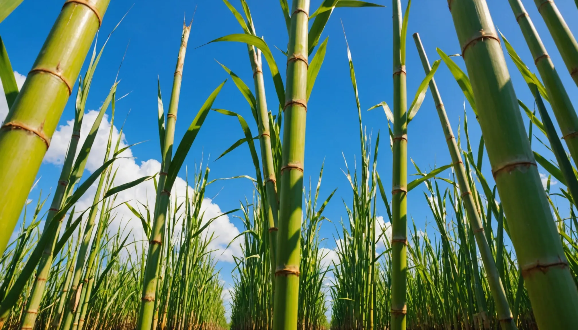 Mature green sugarcane stalks standing against a clear blue sky