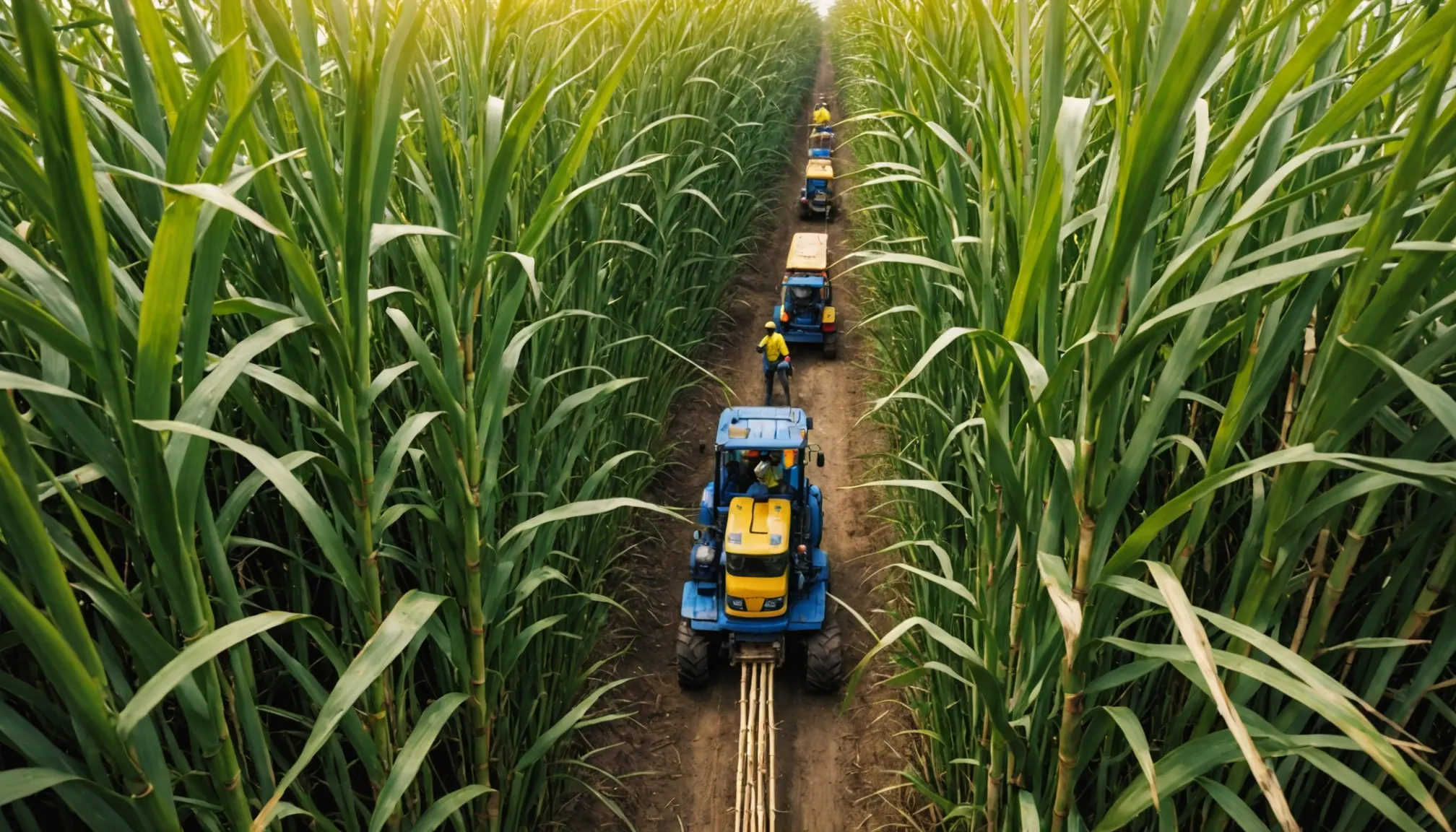 Eye-level view of sugarcane being harvested