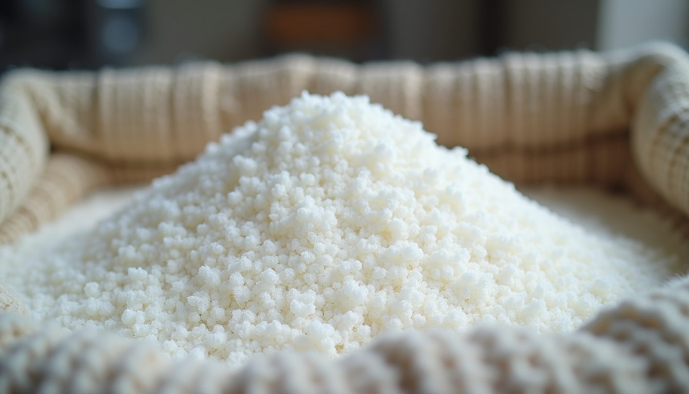 Close-up view of a large sack of white granulated sugar