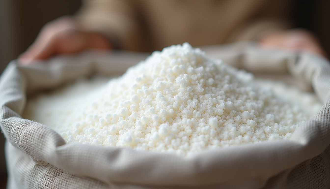 White sugar in an open hessian sack held in a buyer's hands