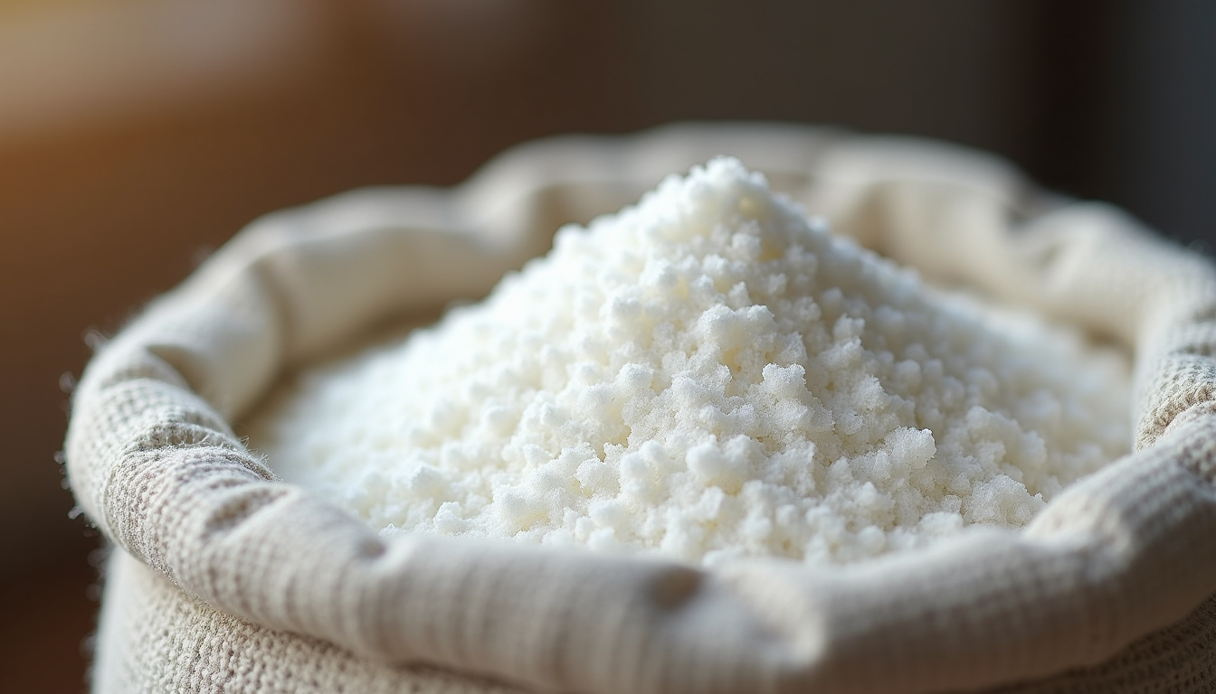 Mound of white granulated sugar in an open sack, lit from behind
